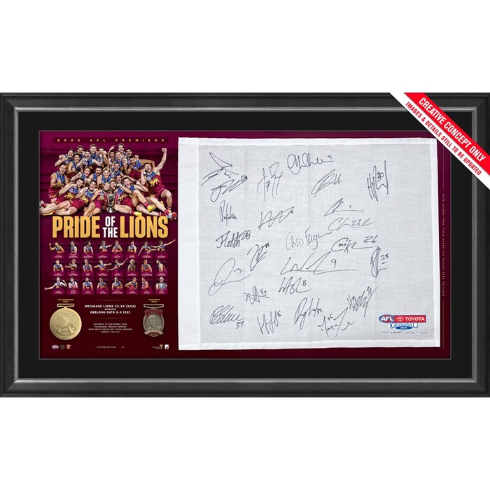 Photo of Brisbane Lions 2025 Premiers Team Signed Match-Used Goal Umpire Flag Display