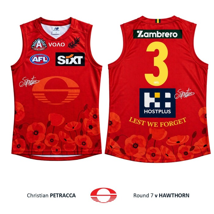 Photo of Christian Petracca #3 Gold Coast SUNS ANZAC Appeal Round Match-Worn Guernsey