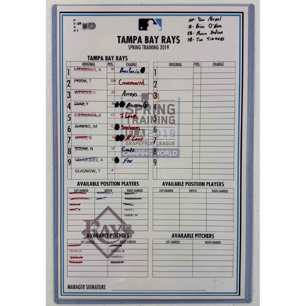 Replica Lineup Card Replica Line-up Card: Spring Training - 2019 | Tampa Bay Rays Auctions