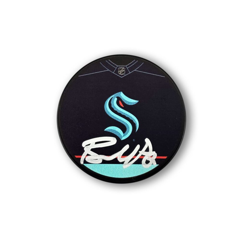 Brandon Montour Autographed Seattle Kraken Jersey Design Hockey Puck