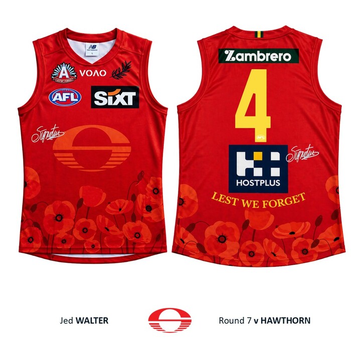Photo of Jed Walter #4 Gold Coast SUNS ANZAC Appeal Round Match-Worn Guernsey