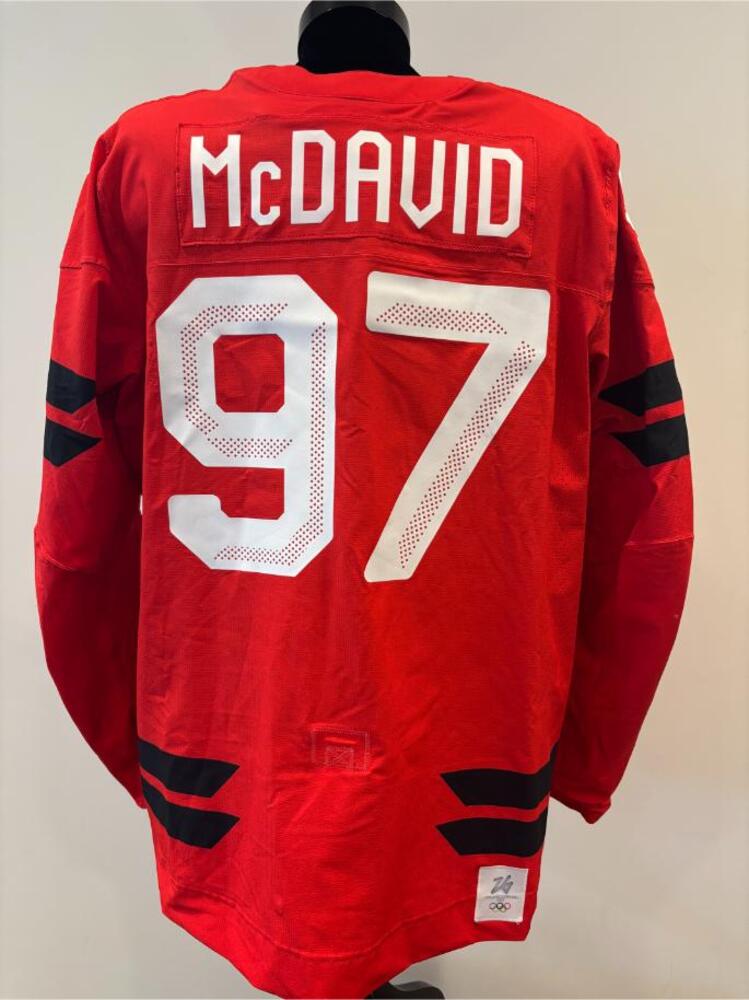 Connor McDavid Canada Game-Used Red Jersey worn v. Switzerland on February 13, 2026, as a part of the 2026 Milano Cortina Winter Games.