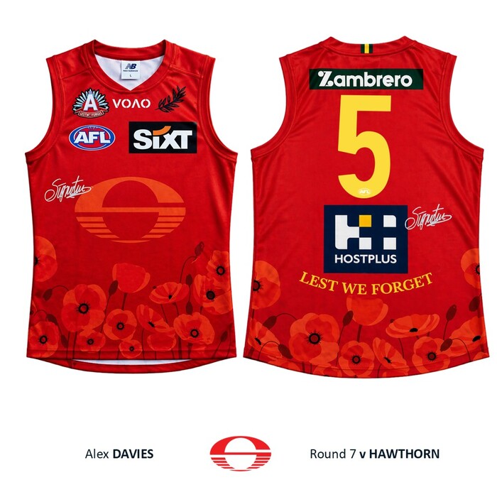 Photo of Alex Davies #5 Gold Coast SUNS ANZAC Appeal Round Player-Issue Guernsey