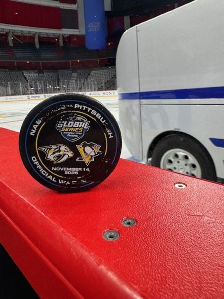 Practice-Used Warm-Up Puck from the 2025 NHL Global Series Between the Nashville Predators on Pittsburgh Penguins on November 14, 2025