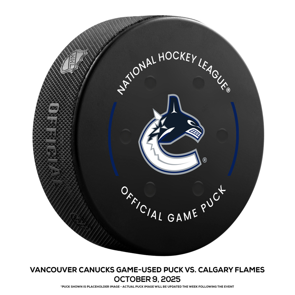 Vancouver Canucks Game-Used Puck vs. Calgary Flames on October 9, 2025 - Braeden Cootes (VAN) Makes NHL Debut, Adam Foote (VAN) Makes NHL Coaching Debut