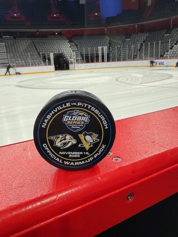Practice-Used Warm-Up Puck from the 2025 NHL Global Series Between the Nashville Predators on Pittsburgh Penguins on November 16, 2025