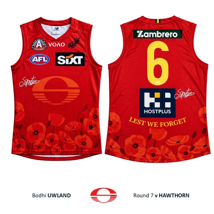 Photo of Bodhi Uwland #6 Gold Coast SUNS ANZAC Appeal Round Match-Worn Guernsey