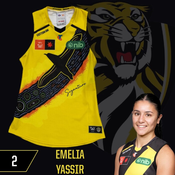 Photo of Emelia Yassir #2 Richmond 2025 AFLW Indigenous Match-Worn Guernsey