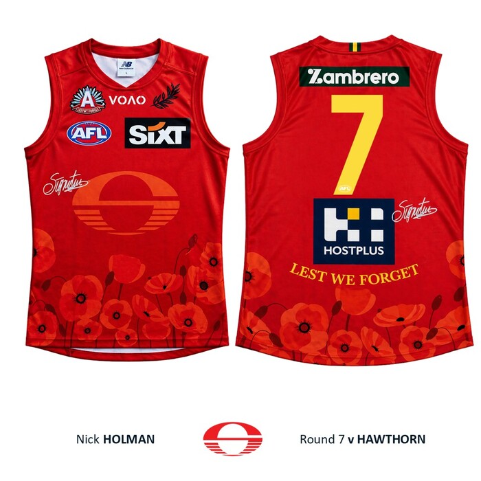 Photo of Nick Holman #7 Gold Coast SUNS ANZAC Appeal Round Player-Issue Guernsey