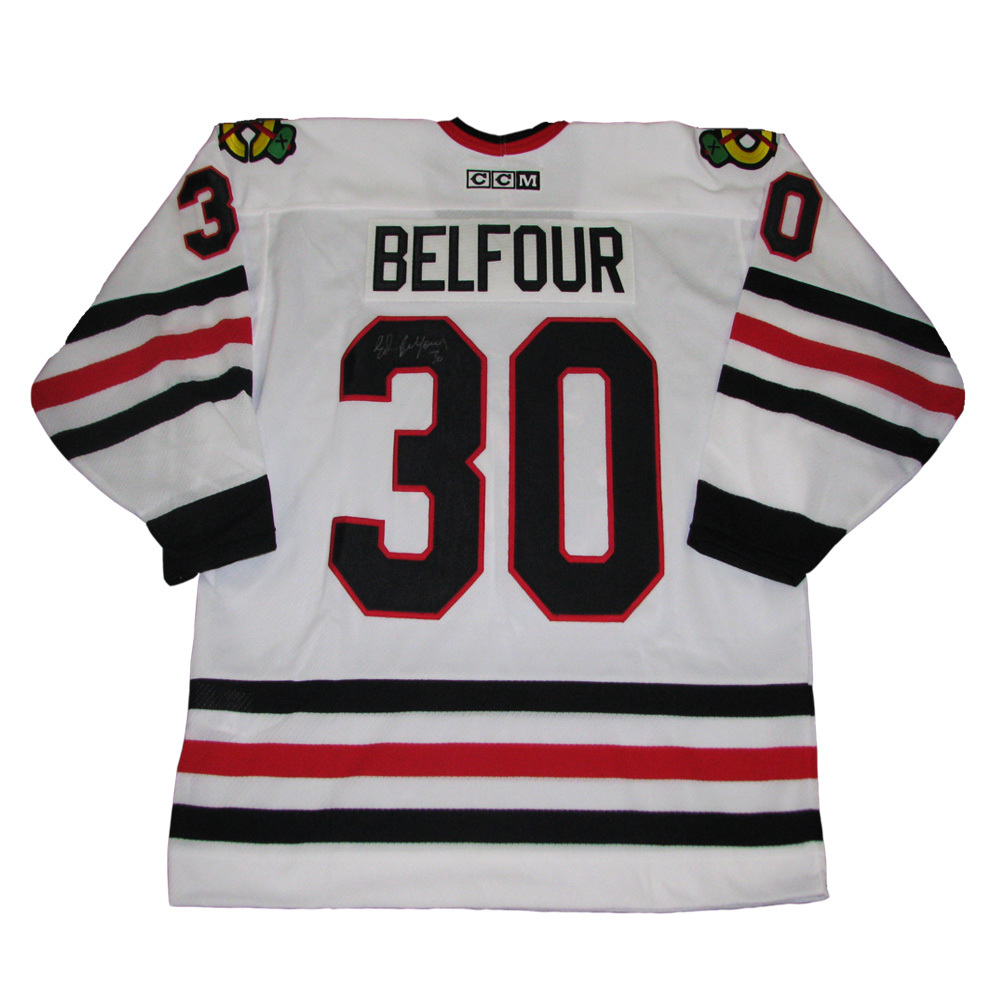 ED BELFOUR Signed Chicago Blackhawks White CCM Jersey