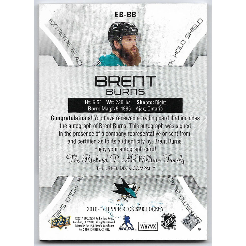 Brent Burns 201617 Upper Deck SPX Extreme Black Card NHL Auctions