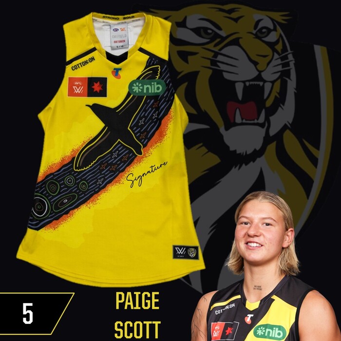 Photo of Paige Scott #5 Richmond 2025 AFLW Indigenous Match-Worn Guernsey