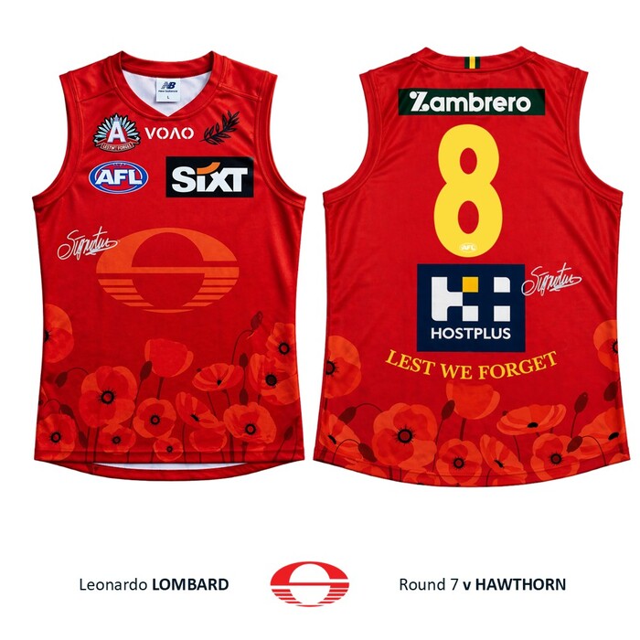 Photo of Leonardo Lombard #8 Gold Coast SUNS ANZAC Appeal Round Match-Worn Guernsey