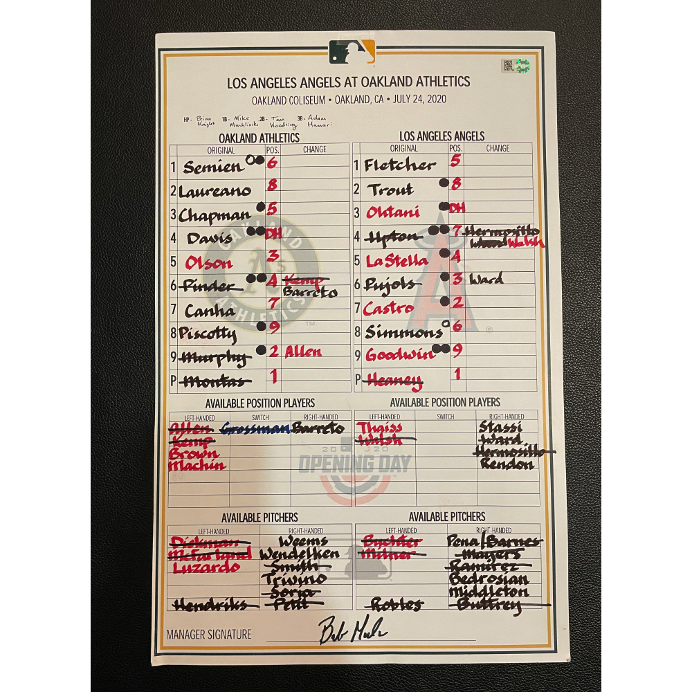 GameUsed Lineup Card 7/24/20 Opening Day Matt Olson WalkOff