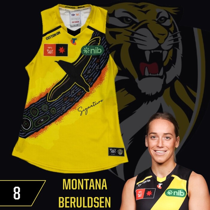 Photo of Montana Beruldsen #8 Richmond 2025 AFLW Indigenous Match-Worn Guernsey
