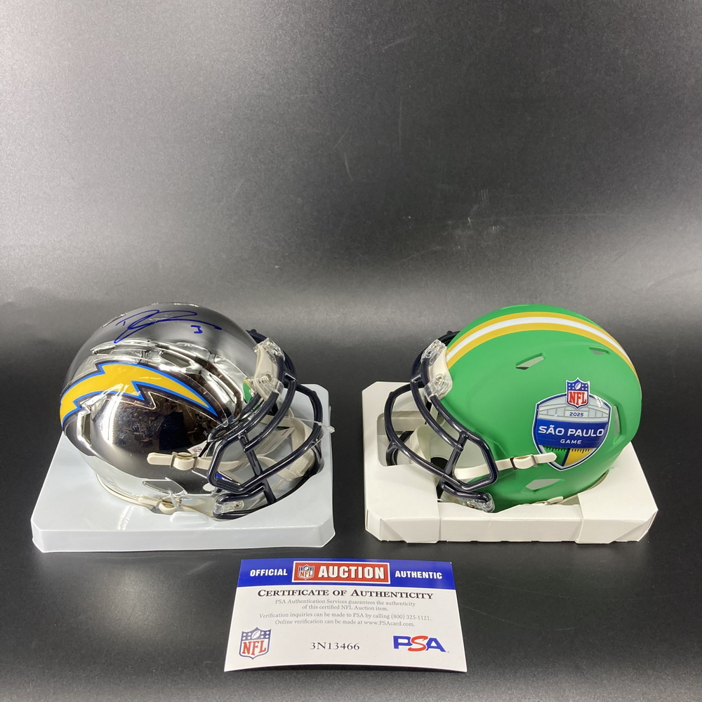 Sao Paulo -Chargers Derwin James Signed Chrome Mini Helmet + Sao Paulo Game Mini Helmet (unsigned)