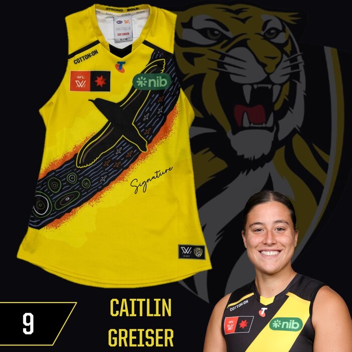 Photo of Caitlin Greiser #9 Richmond 2025 AFLW Indigenous Match-Worn Guernsey