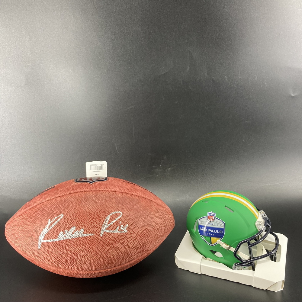 Sao Paulo - Chiefs Rashee Rice signed authentic football + Sao Paulo Game Mini Helmet (unsigned)