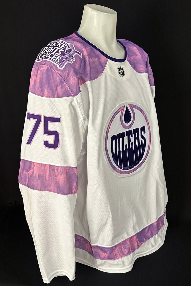 Alec Regula #75 - Autographed 2025-26 Edmonton Oilers Hockey Fights Cancer Night Ltd Edition Jersey (Autographed Only / Not Worn On Ice)