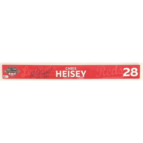 Chris Heisey - Game-used and Autographed Locker Name Plate: 2021 Cincinnati Reds Hall of Fame Legends Game