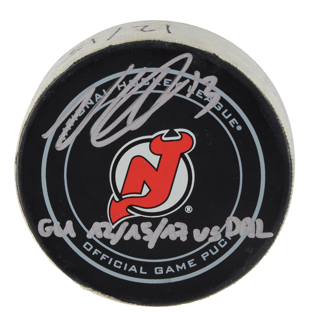 Nico Hischier New Jersey Devils Autographed Game-Used Puck vs. Dallas Stars on December 15, 2017 with Game Used Inscription