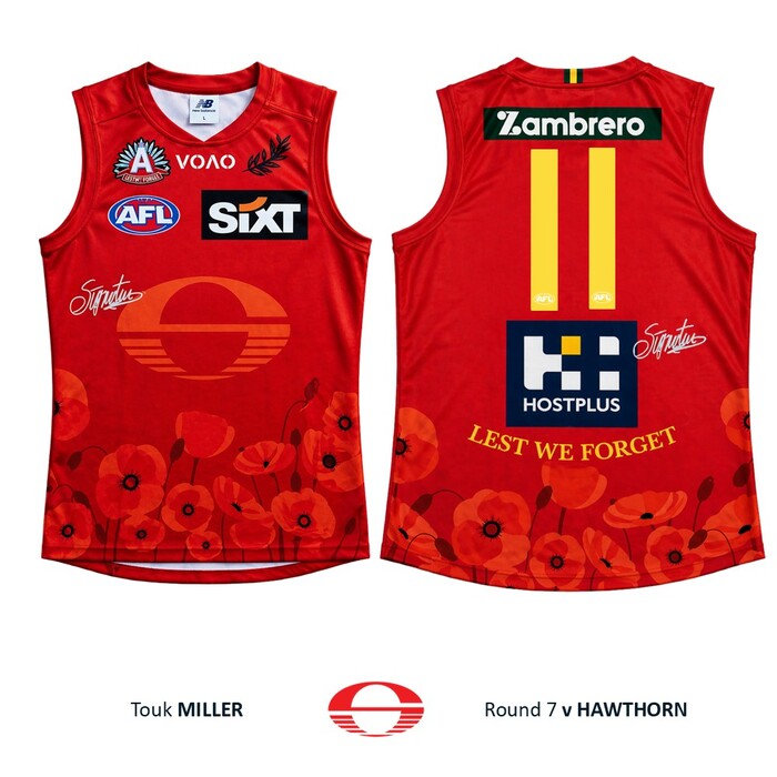 Photo of Touk Miller #11 Gold Coast SUNS ANZAC Appeal Round Match-Worn Guernsey