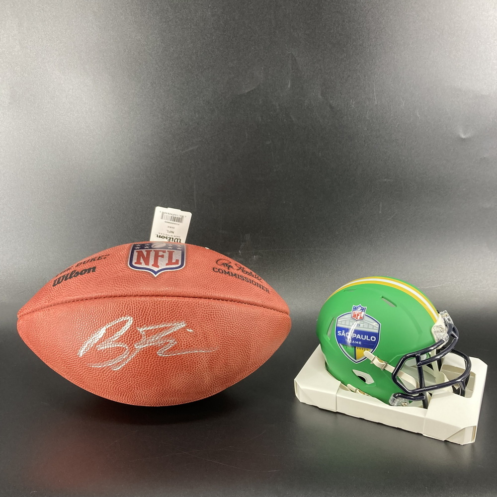 Sao Paulo - Chargers Brenden Rice Signed Authentic Football + Sao Paulo Game Mini Helmet (unsigned)