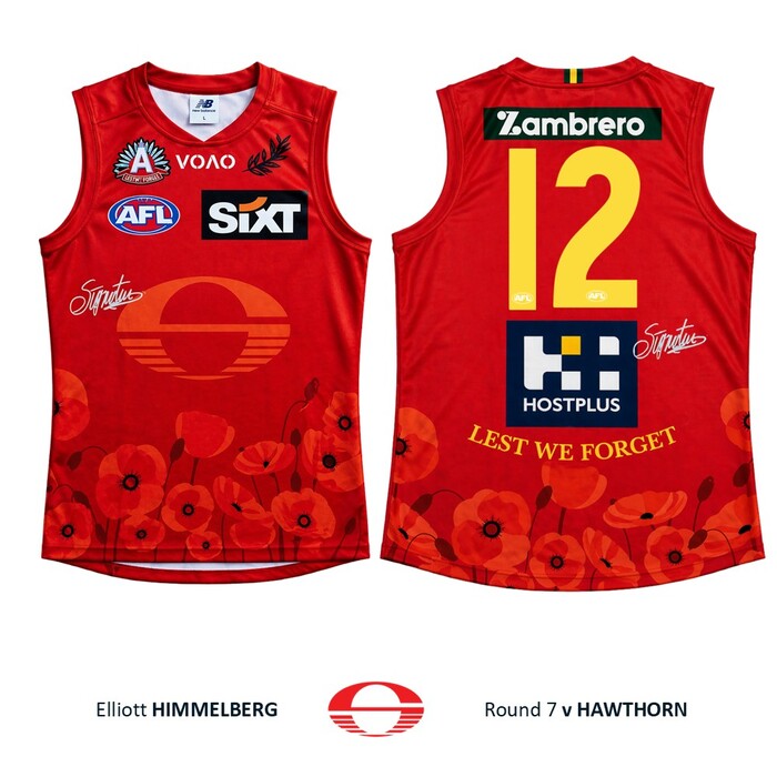 Photo of Elliott Himmelberg #12 Gold Coast SUNS ANZAC Appeal Round Player-Issue Guernsey