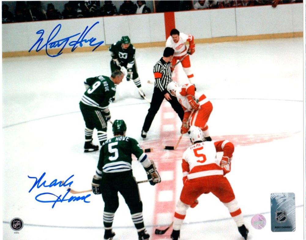 Mark & Marty Howe Dual-Signed 8x10 Unframed Hartford Whalers Green-H Face-off vs Detroit Red Wings