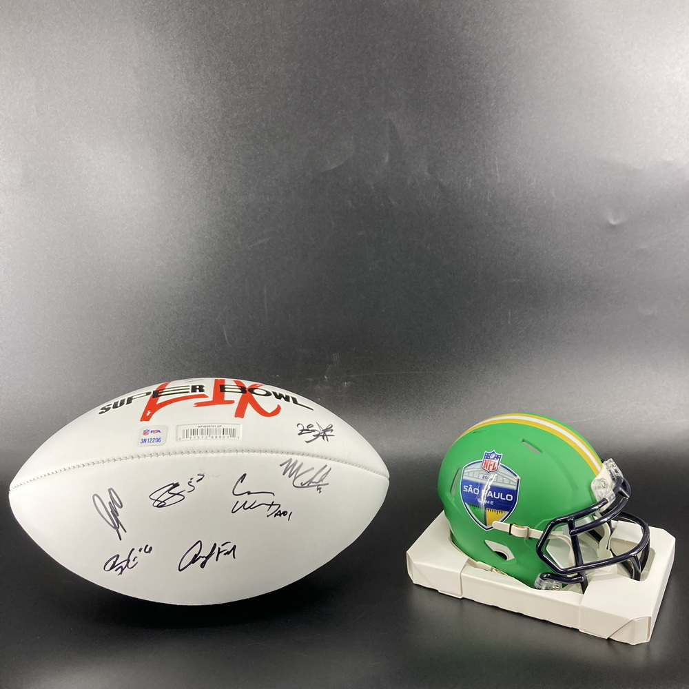 Sao Paulo - Chiefs Multi Sign Commemorative Super Bowl LIX Panel Ball Signed By Travis Kelce, Isaiah Pacheco Carson Wentz, and Others + Sao Paulo Game Mini Helmet (unsigned)