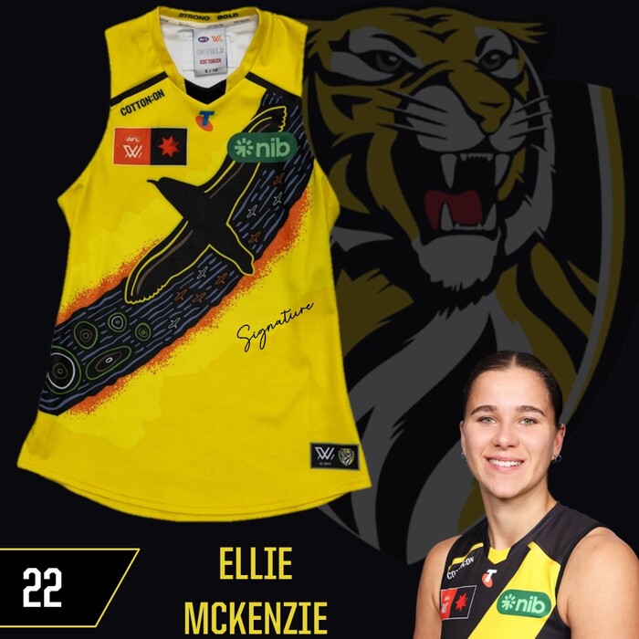 Photo of Ellie McKenzie #22 Richmond 2025 AFLW Indigenous Match-Worn Guernsey