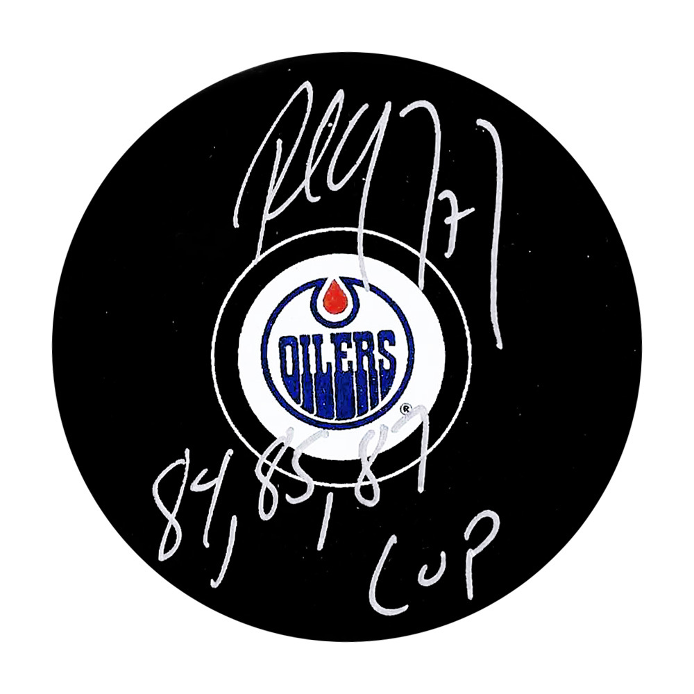 Paul Coffey Autographed Edmonton Oilers Puck w/84 85 87 CUP Inscription