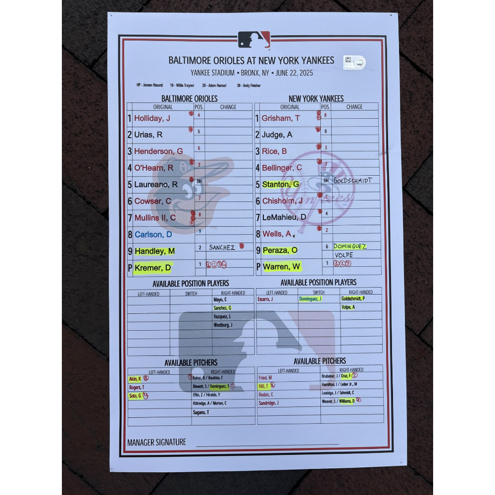 2015 Replica Lineup Card Frame with Piece of Game-Used Ball