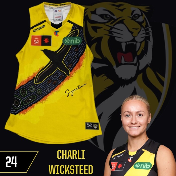 Photo of Charli Wicksteed #24 Richmond 2025 AFLW Indigenous Match-Worn Guernsey
