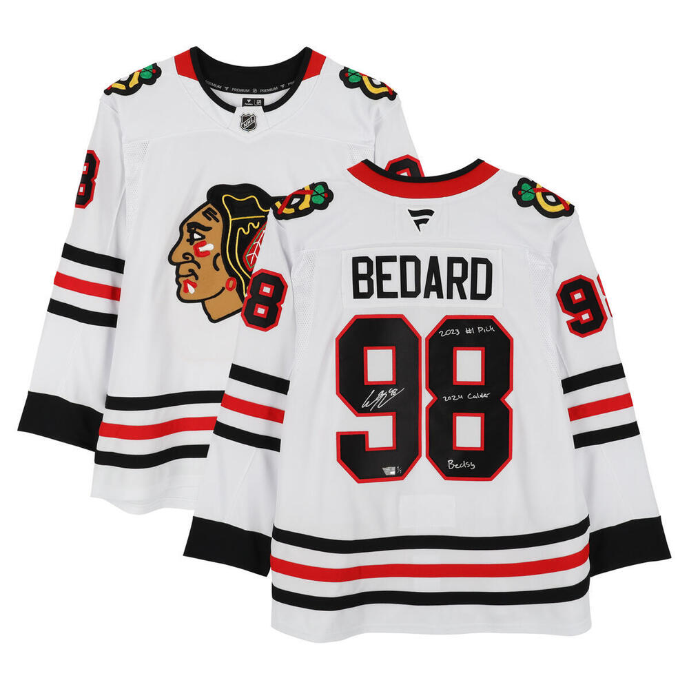 Connor Bedard Chicago Blackhawks Autographed White Fanatics Premium Jersey with Multiple Inscriptions - Limited Edition 1 of 1 