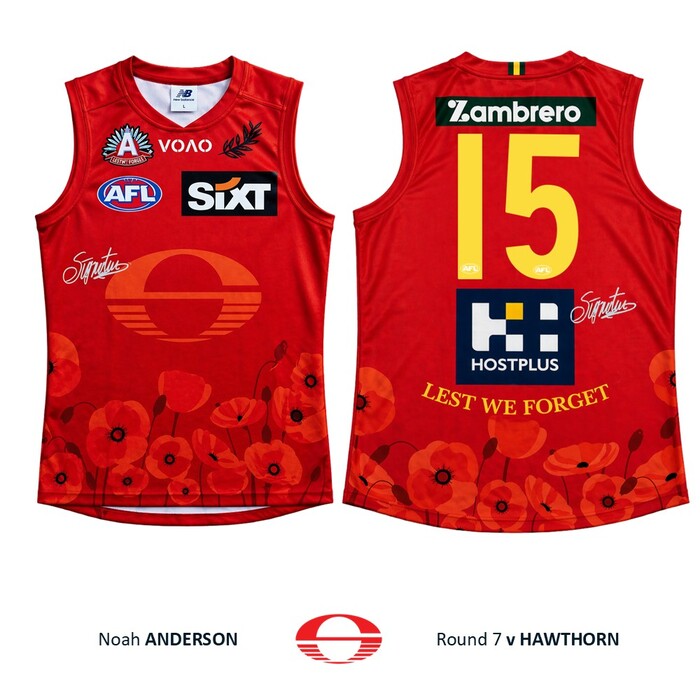 Photo of Noah Anderson #15 Gold Coast SUNS ANZAC Appeal Round Match-Worn Guernsey