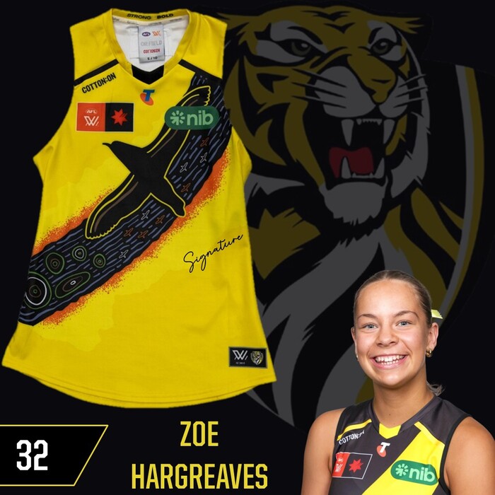 Photo of Zoe Hargreaves #32 Richmond 2025 AFLW Indigenous Player-Issue Guernsey