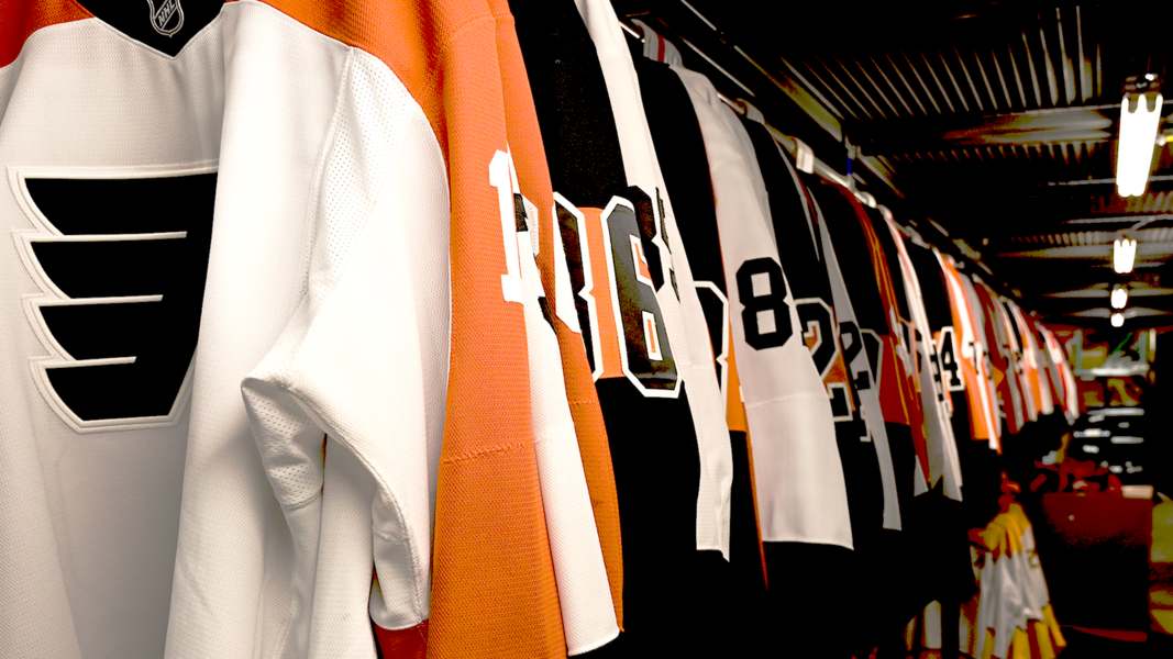 Rack of Flyers Game-Worn Jerseys for sale in the MeiGray Warehouse.