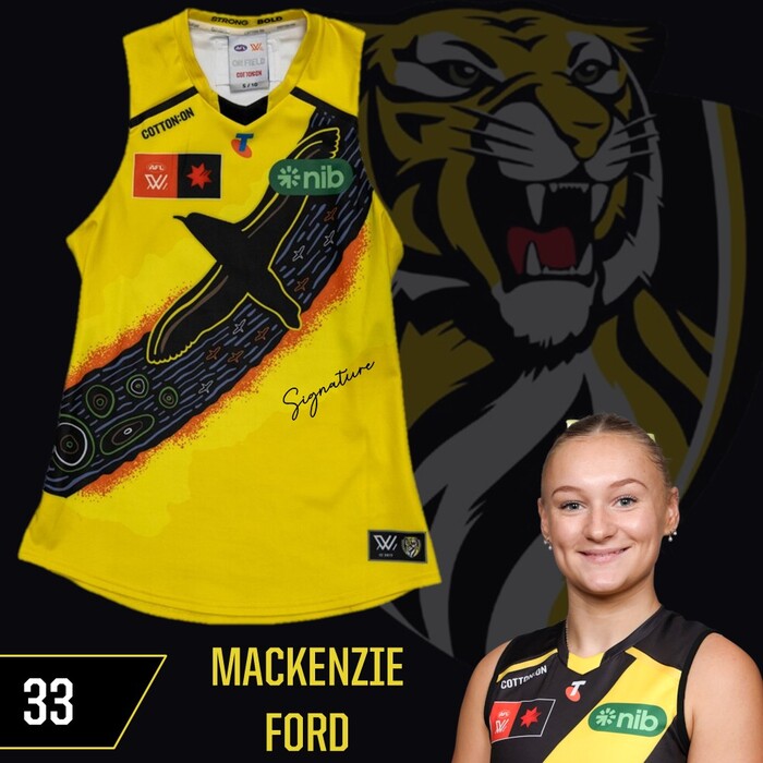 Photo of Mackenzie Ford #33 Richmond 2025 AFLW Indigenous Match-Worn Guernsey