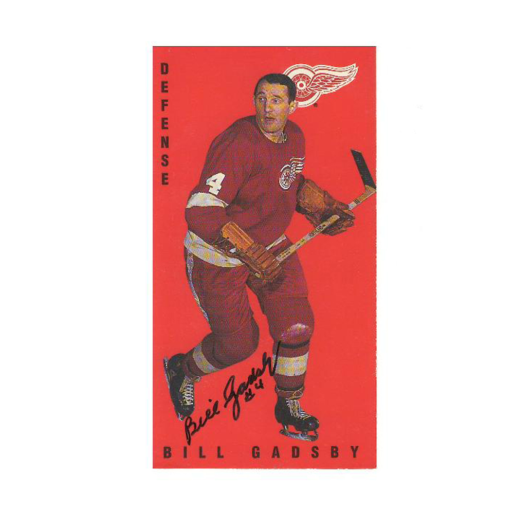 BILL GADSBY Signed Detroit Red Wings Player Card (Red Card, Defense on left hand side)