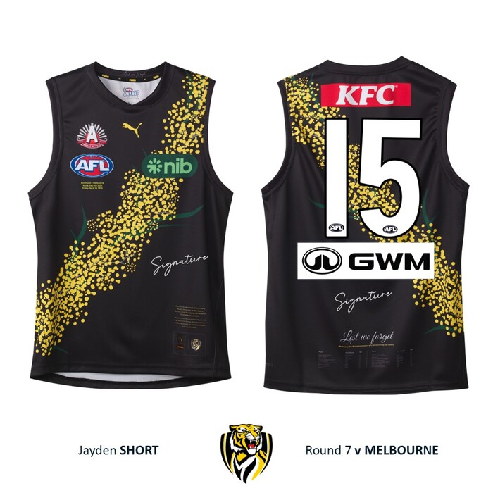 Jayden Short #15 Richmond 2026 Anzac Day Eve Player-Issue Guernsey