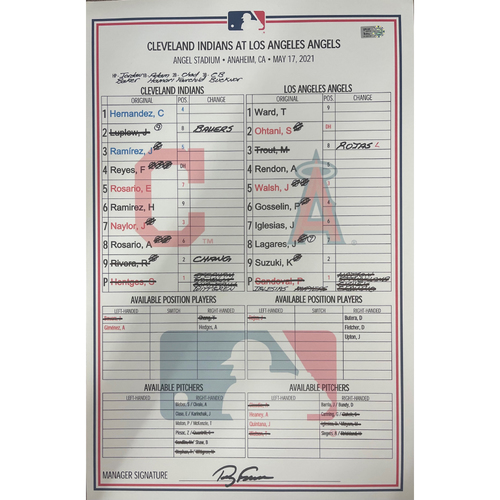 Game Used Line-up Card - 5/17/2021 Cleveland Indians at Los Angeles Angels - Shohei Ohtani hits 13th Home Run of the season