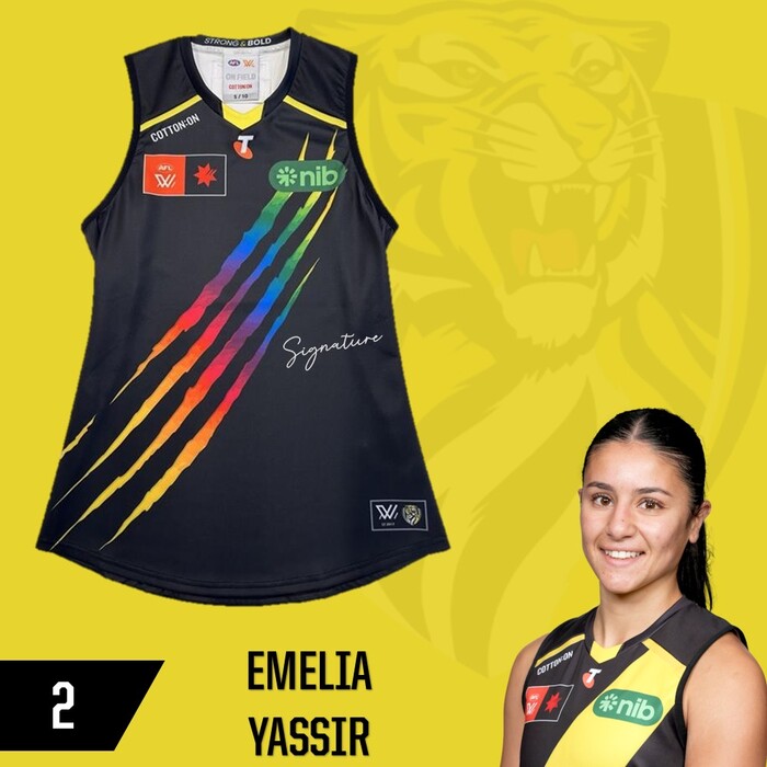 Photo of Emelia Yassir #2 Richmond 2025 AFLW Pride Match-Worn Guernsey