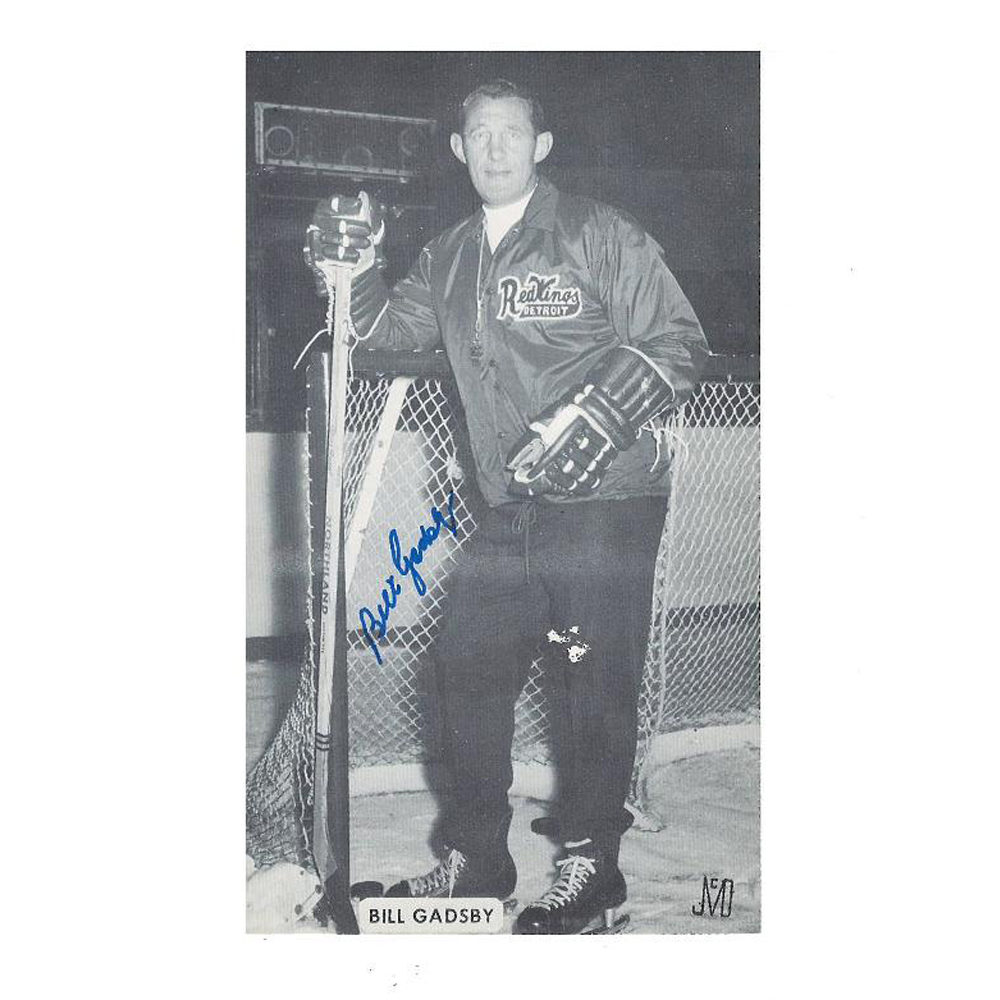 BILL GADSBY Signed Detroit Red Wings 3.25 x 6.5 Card (blue left)