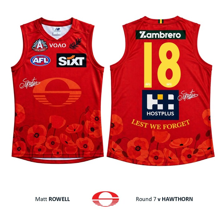Photo of Matt Rowell #18 Gold Coast SUNS ANZAC Appeal Round Match-Worn Guernsey