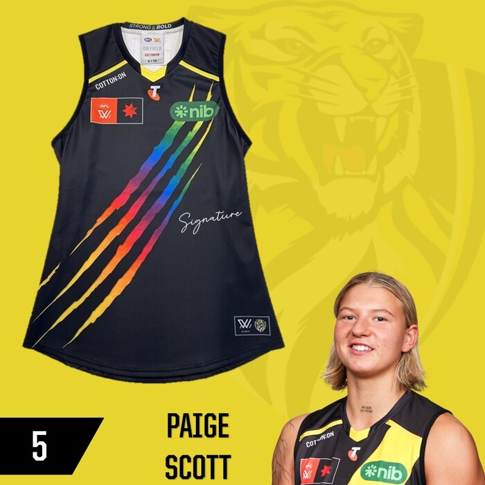 Photo of Paige Scott #5 Richmond 2025 AFLW Pride Match-Worn Guernsey