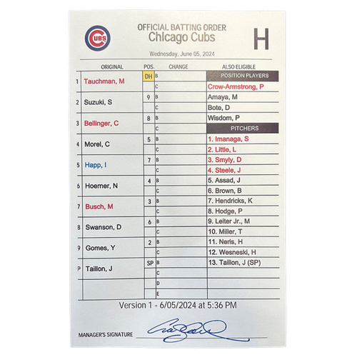 Dugout Batting Order Card Tauchman Hits Walkoff Home Run in Bot 9th