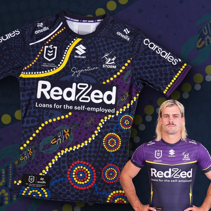 Photo of Ryan Papenhuyzen #1 2025 Melbourne Storm Indigenous Match-Worn Jersey