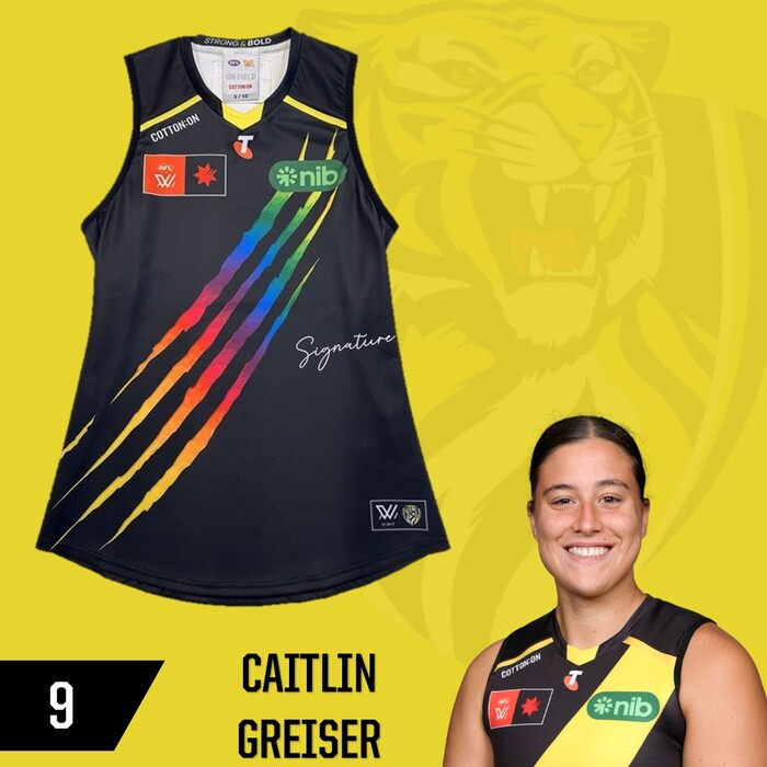 Photo of Caitlin Greiser #9 Richmond 2025 AFLW Pride Match-Worn Guernsey