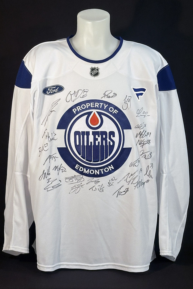 2025-26 Edmonton Oilers Team-Signed White Adidas Official Team Issued Used Fanatics Practice Jersey (#20 Hutson)